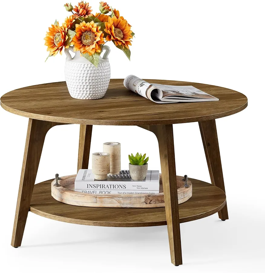 Amazon product photo of VASAGLE Round Coffee Table, 2-Tier Center Table with Storage, Tapered Legs