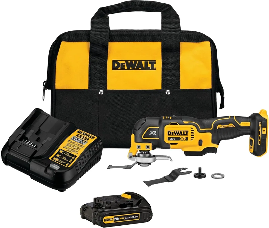 Amazon product photo of DEWALT 20V MAX XR Oscillating Tool Kit with Blades, 3 Speed Cordless Brushless Multitool, Up to 20,000 OPM, LED Light, Battery and Charger Included (DCS356C1)
