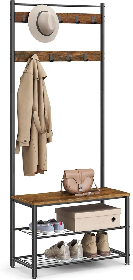 Amazon product photo of VASAGLE Coat Rack, Hall Tree with Shoe Storage Bench, 3-in-1, Steel Frame