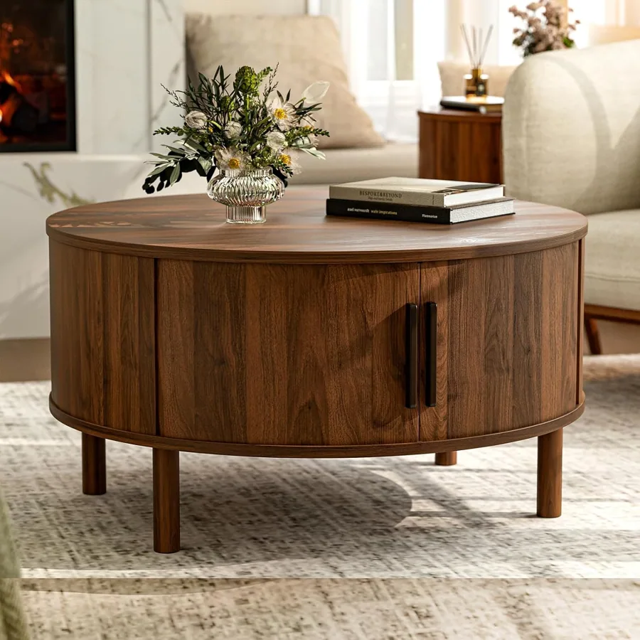 Amazon product photo of ZttRiee Round Coffee Table with Sliding Doors, Mid-Century, Walnut
