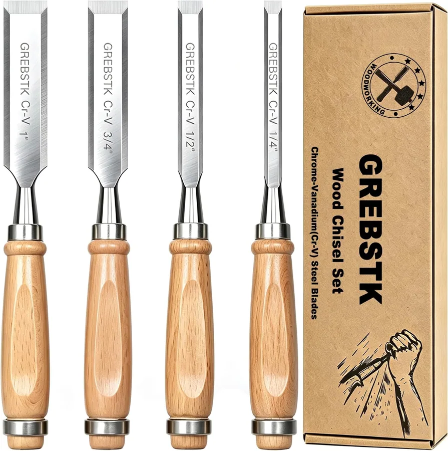 Amazon product photo of GREBSTK 4 Piece Wood Chisel Set CR-V Steel Sharp Bevel Edge for Woodworking