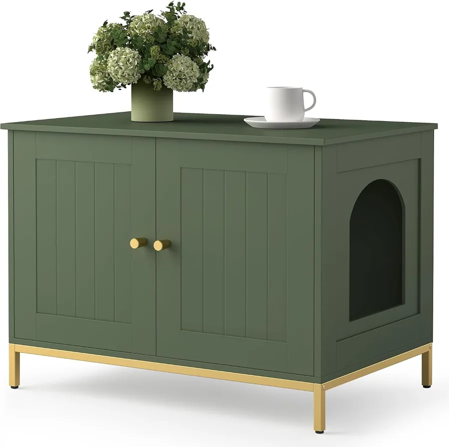 Amazon product photo of Homhedy 28.3" L Cat Litter Box Enclosure with Metal Frame, Green and Gold