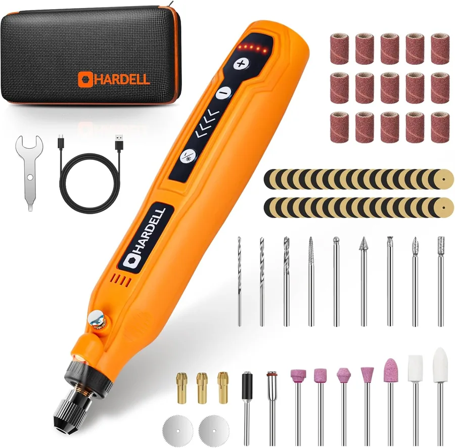 Amazon product photo of HARDELL Mini Cordless Rotary Tool, 5-Speed 69pcs Kit for 3D Printer Sanding