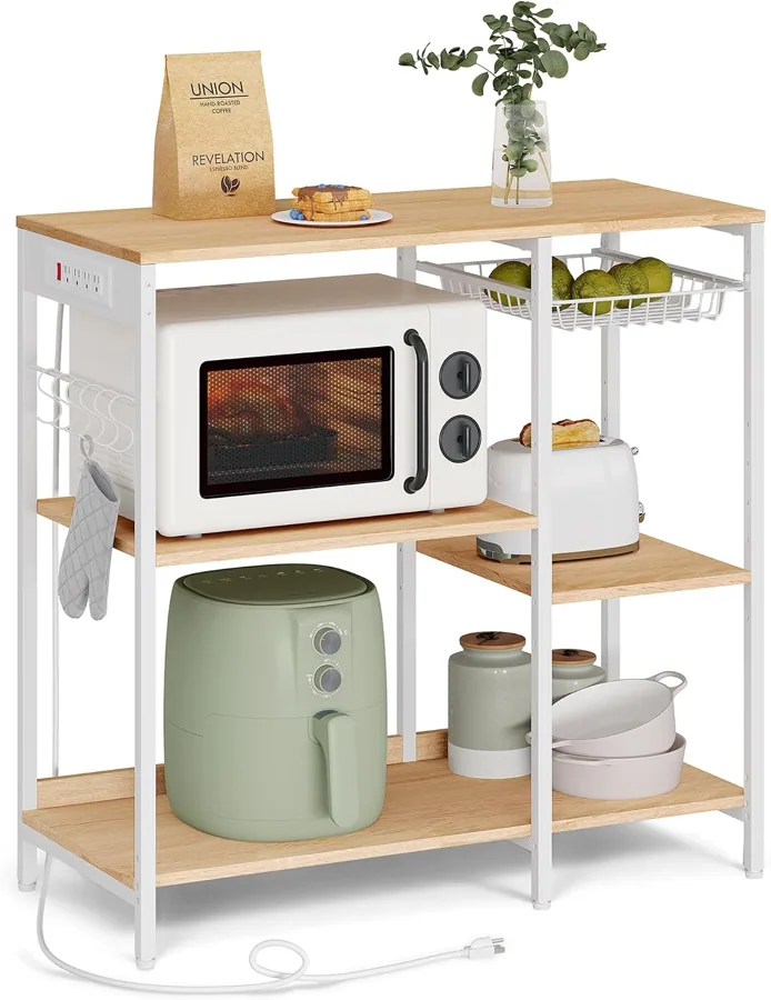 Amazon product photo of VASAGLE Kitchen Baker’s Rack, Steel Frame, Wire Basket, 6 Hooks