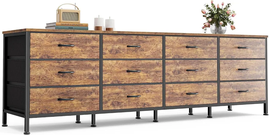 Amazon product photo of Huuger 70 Inch Dresser for Bedroom, TV Stand for 65, 75, 80 Inch TV, 12 Fabric Drawer Long Dresser, Large Entertainment Center for Bedroom, Wide Chest of Drawer with Storage, Rustic Brown
