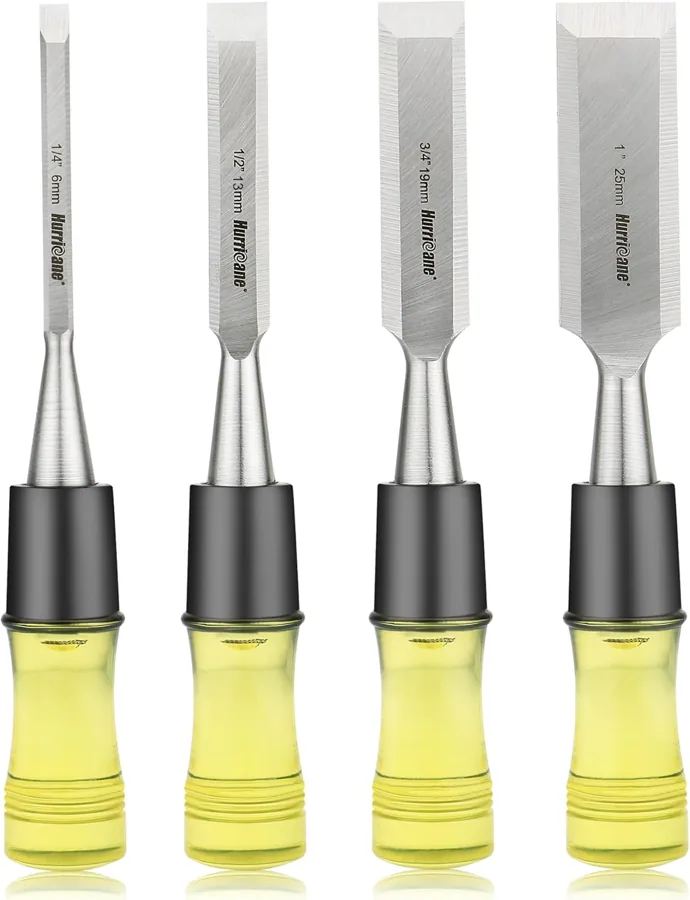 Amazon product photo of HURRICANE 4 Piece Wood Chisel Set for Woodworking. CR-V Steel Beveled Edge Blades with Safety Caps. Durable PVC High Impact Handle, for Precision Carving & DIY Projects (1/4", 1/2", 3/4", 1")