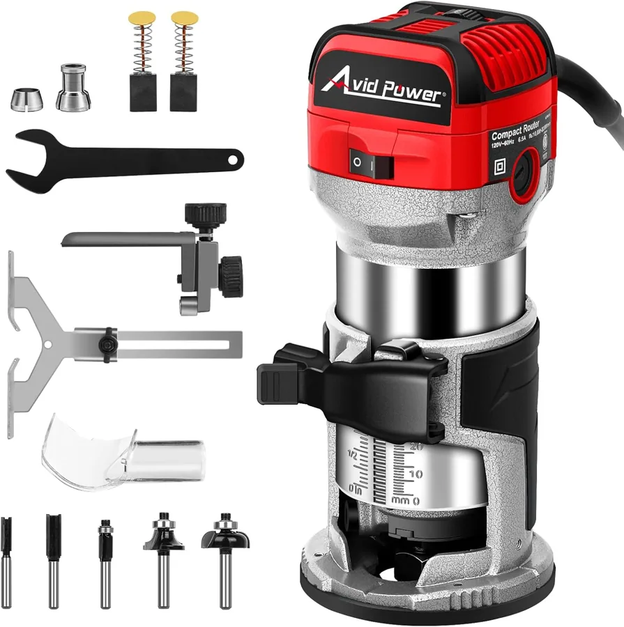 Amazon product photo of AVID POWER 6.5 Amp 1.25 HP Compact Router Tools for Woodworking, Fixed Base Wood Router with Trim Router Bits, 6 Variable Speeds, Edge Guide, Roller Guide, Dust Hood (Red, 65mm)