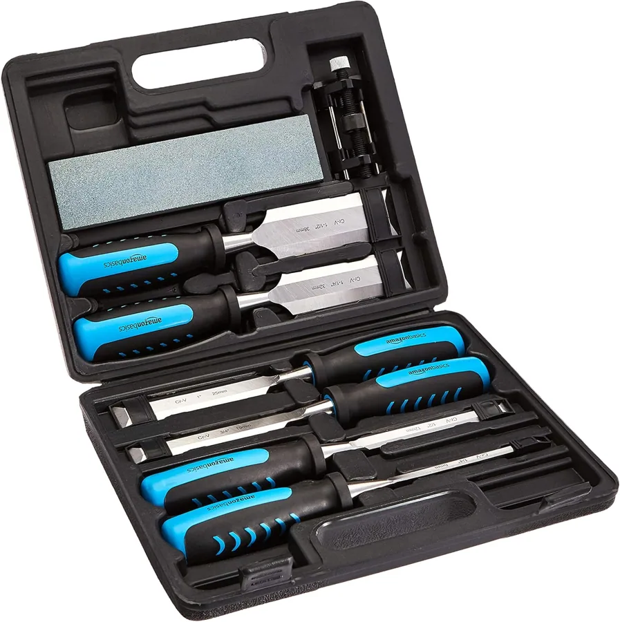 Amazon product photo of Amazon Basics 8-Piece Wood Chisel Set for Woodworking, with Honing Guide, Sharpening Stone and Storage Case, 1/4" - 1-1/2"