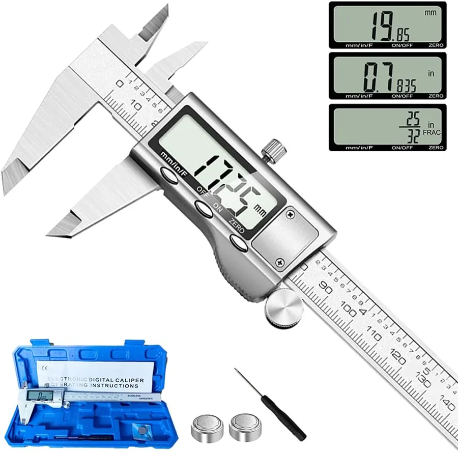 Amazon product photo of Digital Caliper Measuring Tool, Stainless Steel Vernier Caliper Digital Micrometer with Large LCD Screen, Easy Switch from Inch Metric Fraction, 6 Inch Caliper Tool for DIY/Household