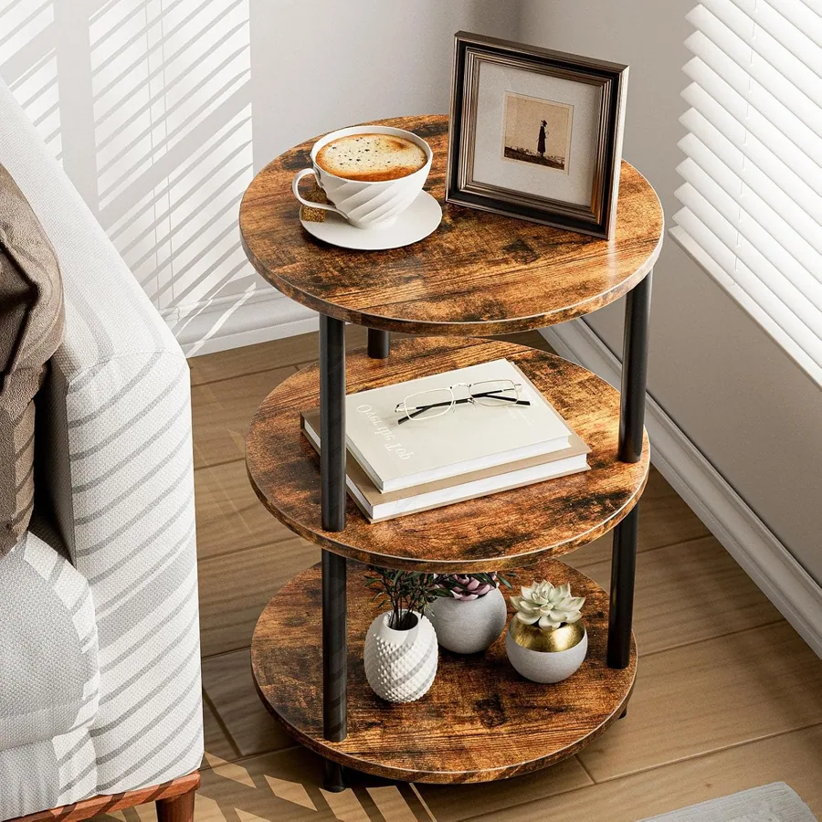 Amazon product photo of XBurmo Small Round Coffee Table - 3 Tier Design Accent Table, Narrow Side or Bedside Stand, Industrial Vintage Nightstand for Bedroom, Living Room, or Small Spaces, Rustic Brown