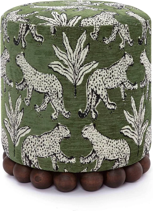 Amazon product photo of TOV Furniture Dex Small Round Ottoman, Leopard Jacquard, Olive Green