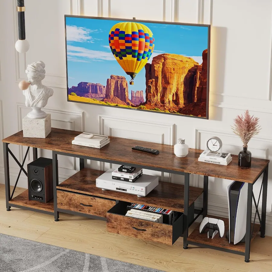 Amazon product photo of GYIIYUO TV Stand with Fabric Drawer - Entertainment Center and Industrial TV Console Table with Open Storage Shelves for Living Room, Bedroom - 55.1" Rustic Brown