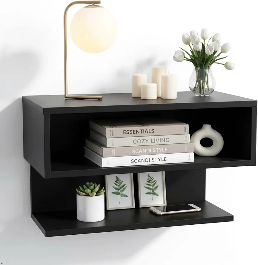 Amazon product photo of Lazzanto Nightstand with Rear Charging Station, LED Light, 2 Drawers, Black