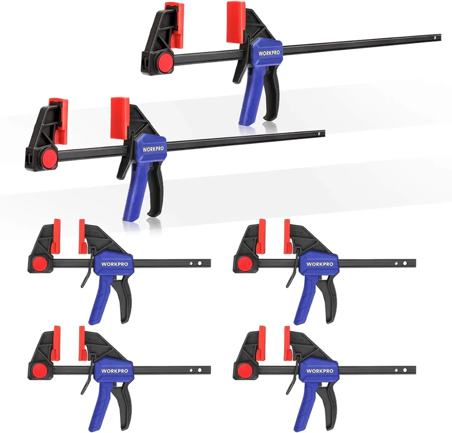 Amazon product photo of WORKPRO 6-Pack Bar Clamps for Woodworking, 6" (4) & 12" (2) F Clamps, Blue