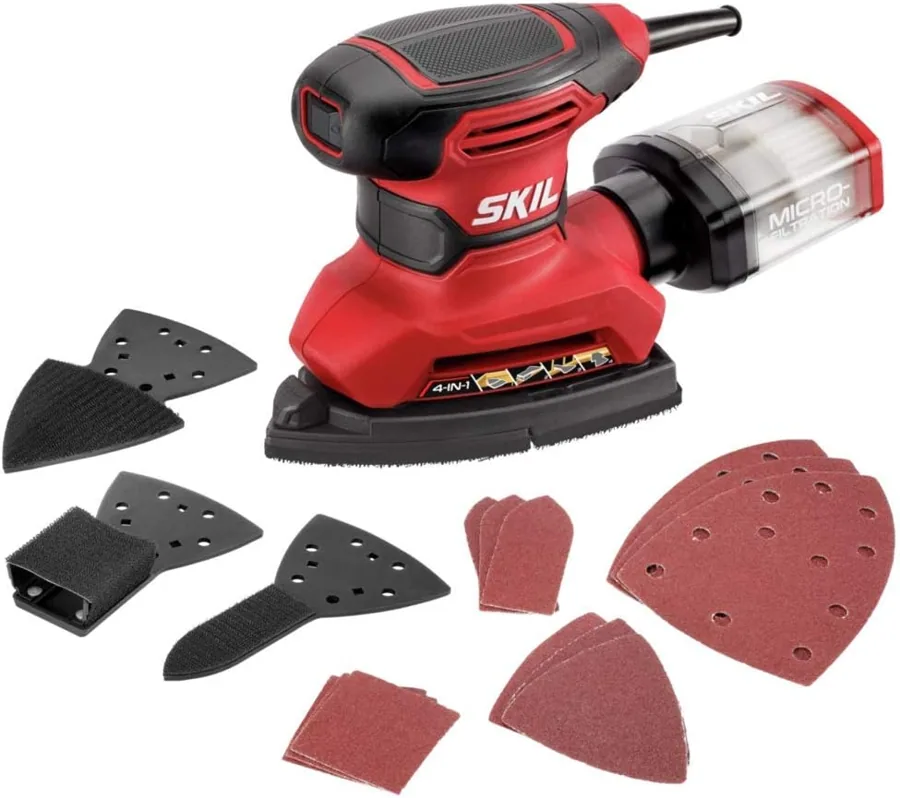 Amazon product photo of SKIL Corded Multi-Function Detail Sander with Micro-Filter Dust Box 3 Additional Attachments & 12pc Sanding Sheet- SR232301