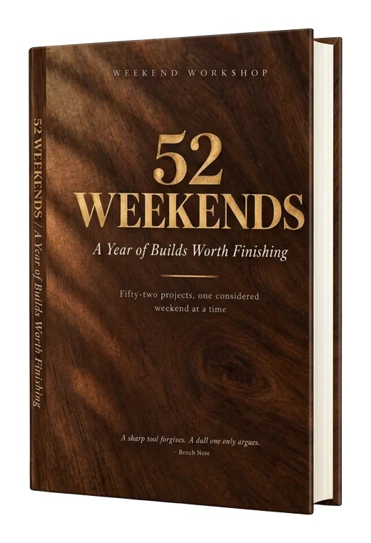 Three-dimensional hardcover mockup of 52 Weekends: A Year of Builds Worth Finishing