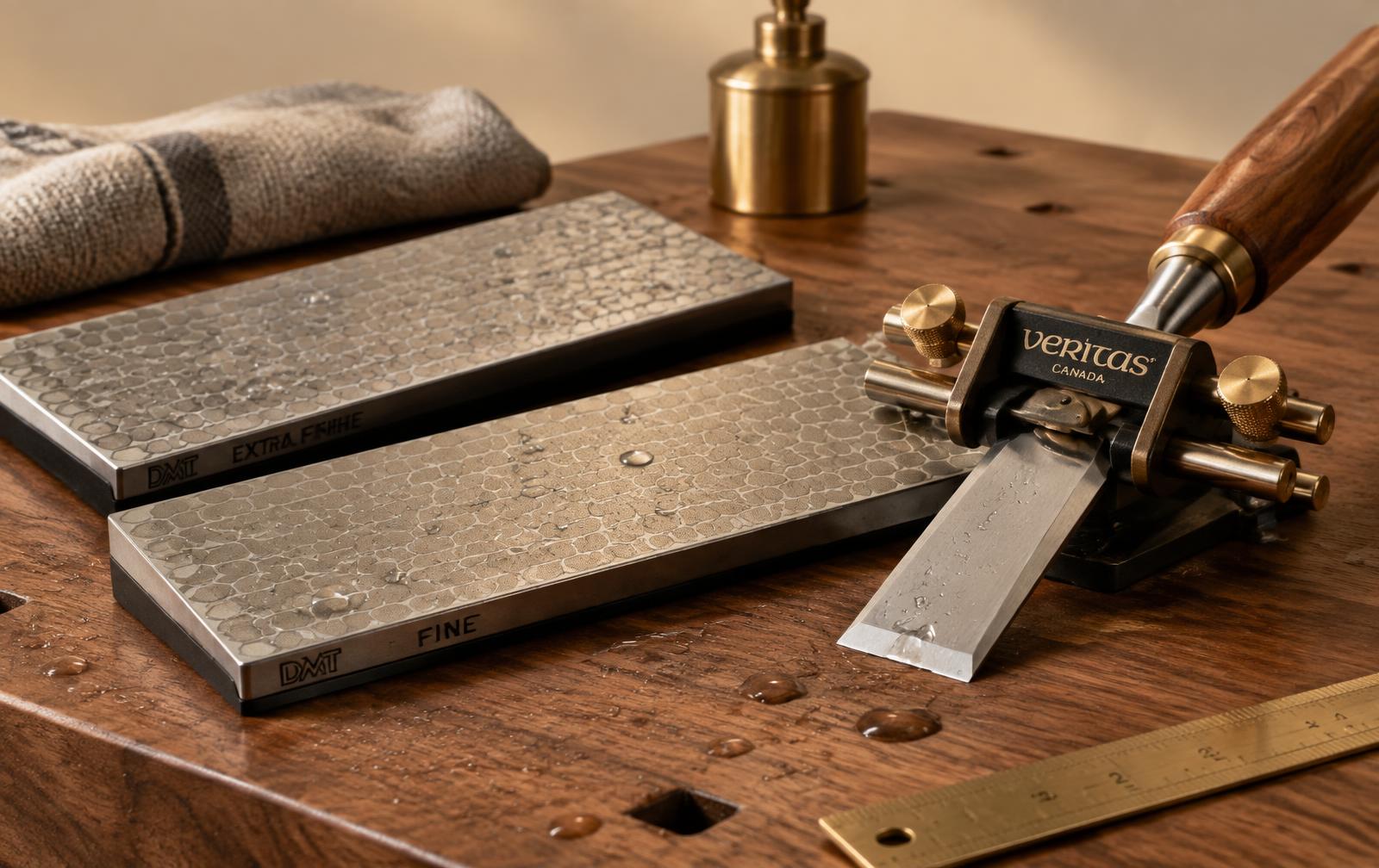 Two diamond sharpening plates marked fine and extra-fine beside a chisel held in a brass honing guide on a walnut bench