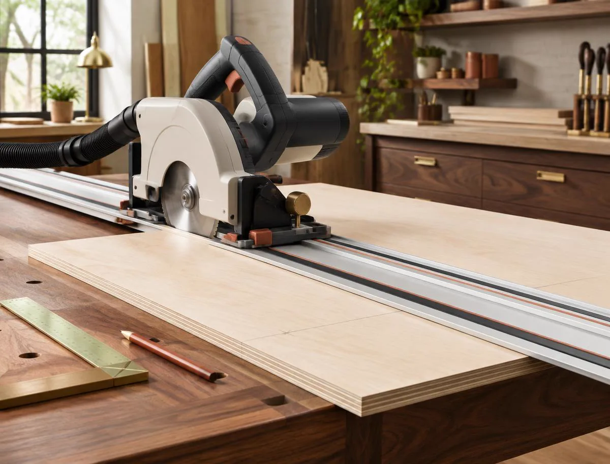 Track saw aligned on a guide rail across birch plywood in a modern workshop