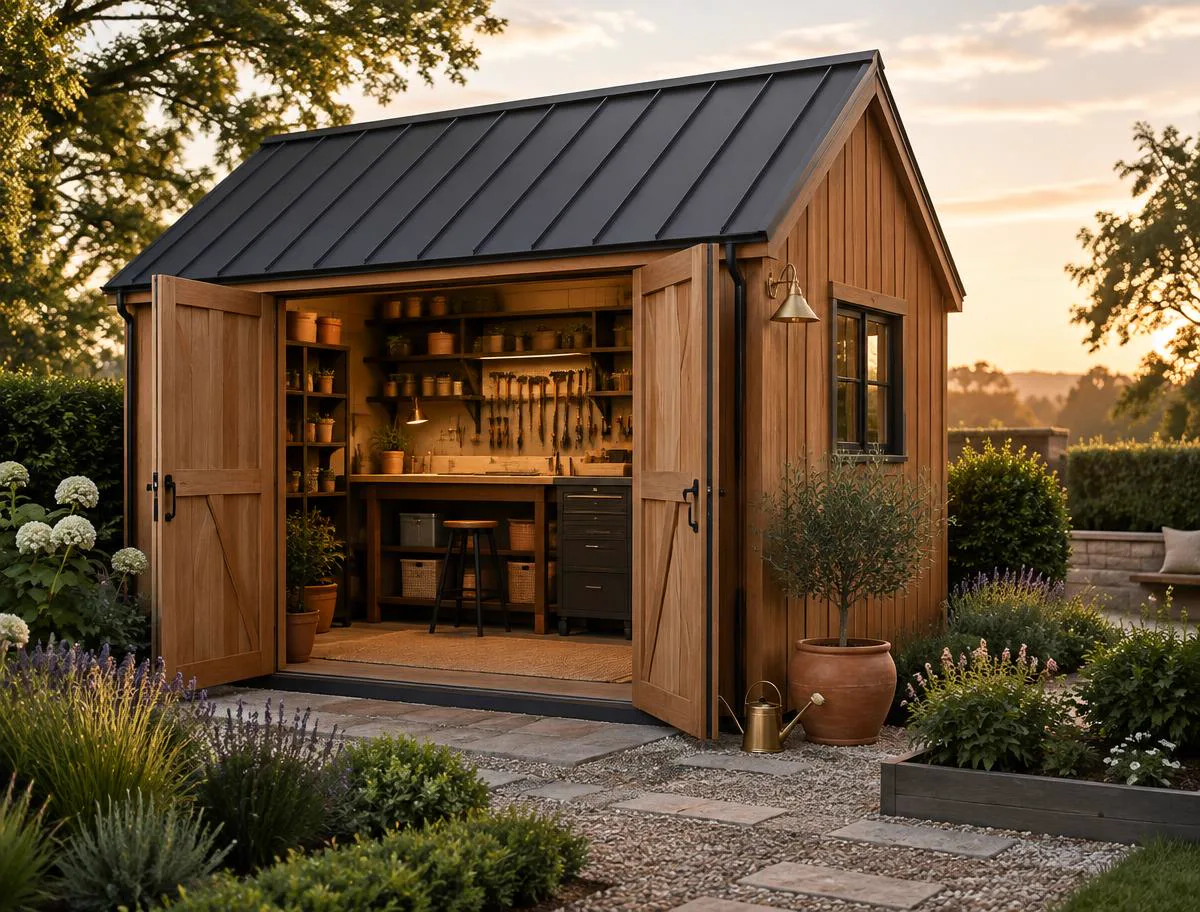Modern timber garden workshop with open doors and an organized workbench inside