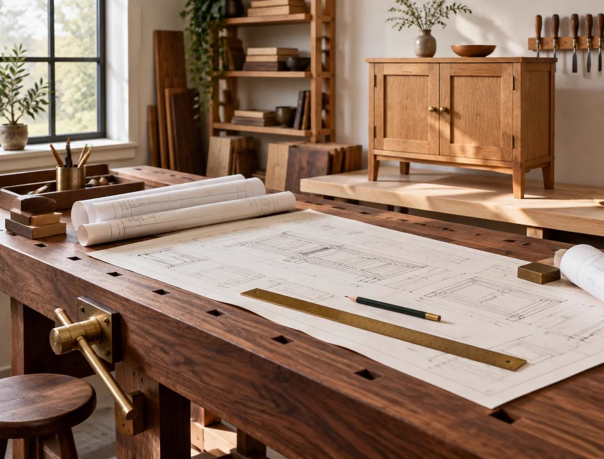 Detailed furniture plans arranged on a walnut workbench beside a finished oak cabinet