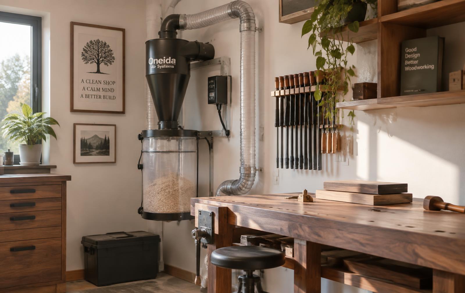 A wall-mounted cyclone dust collector with clear ducting in a tidy small garage workshop beside a walnut workbench