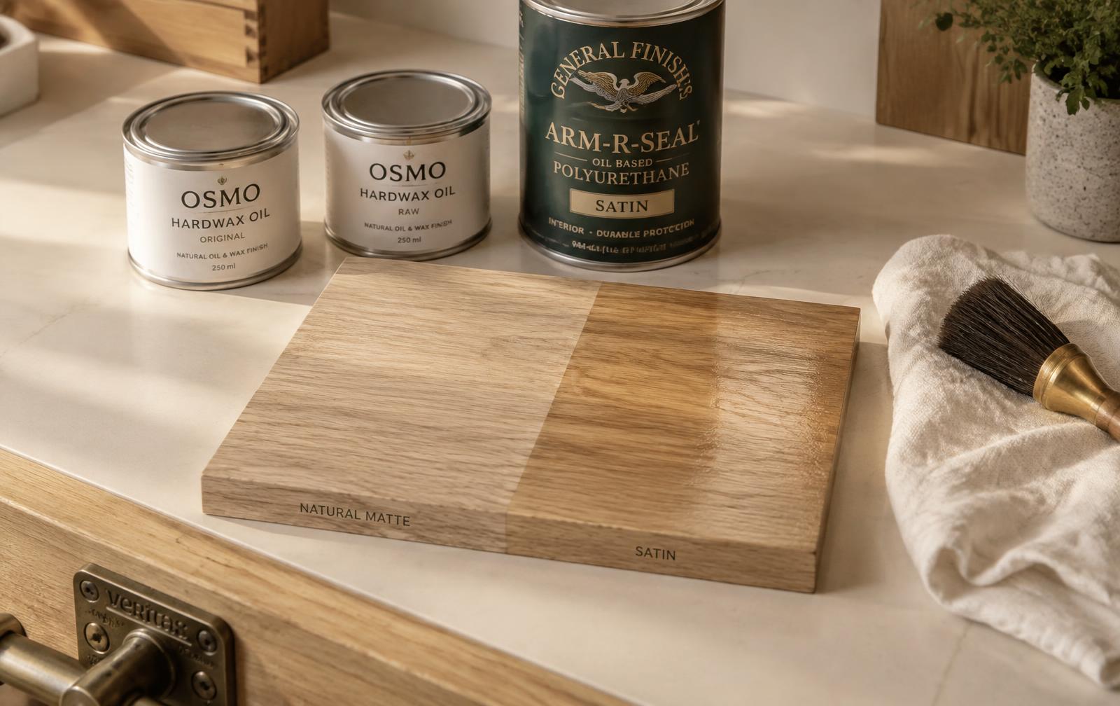 Two tins of hardwax oil and a can of satin polyurethane beside a white oak sample board showing a matte half and a satin half, with a cloth and brush