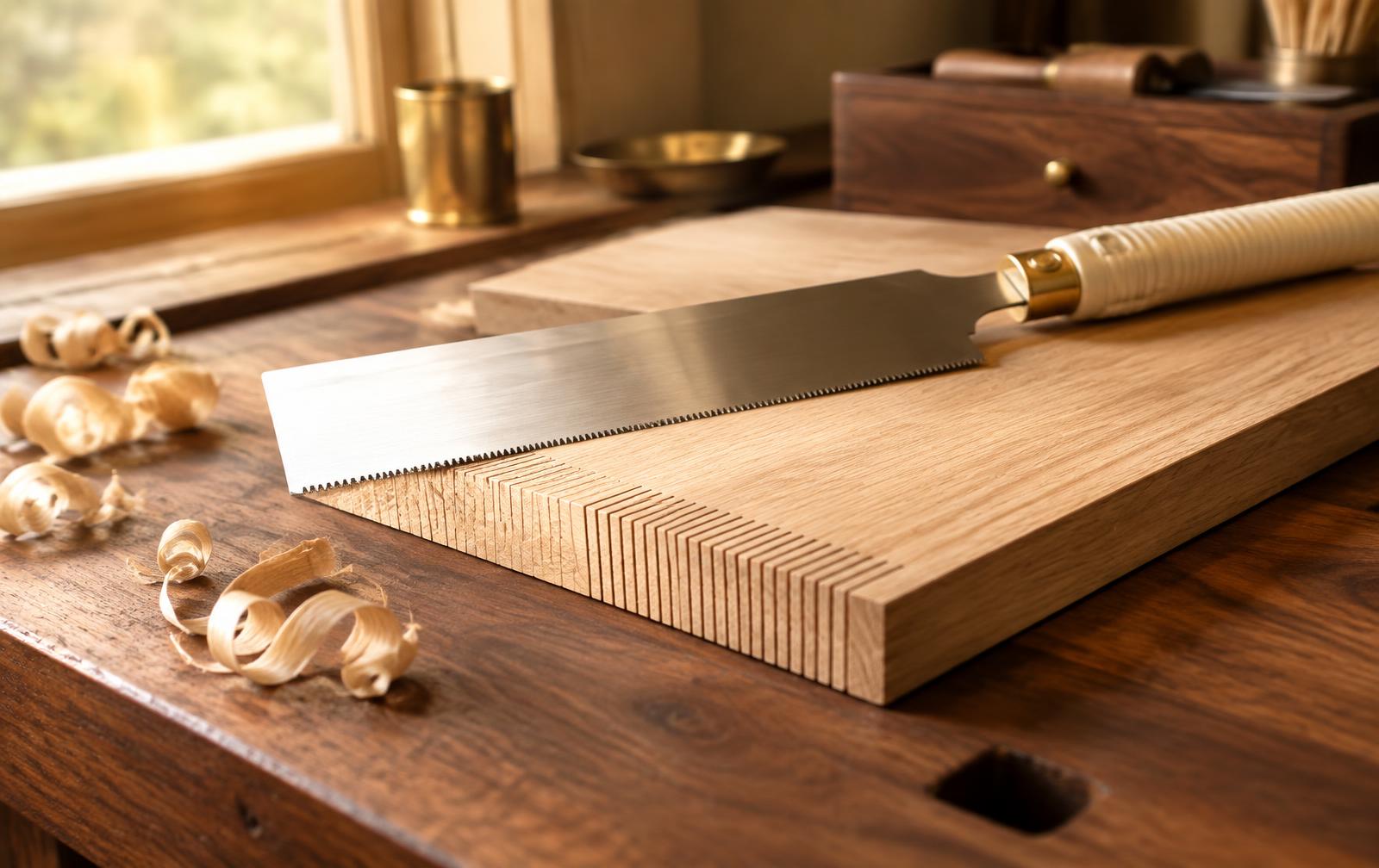 A Japanese pull saw with a rattan-wrapped handle resting on a white oak board marked with fine, even saw kerfs on a walnut workbench
