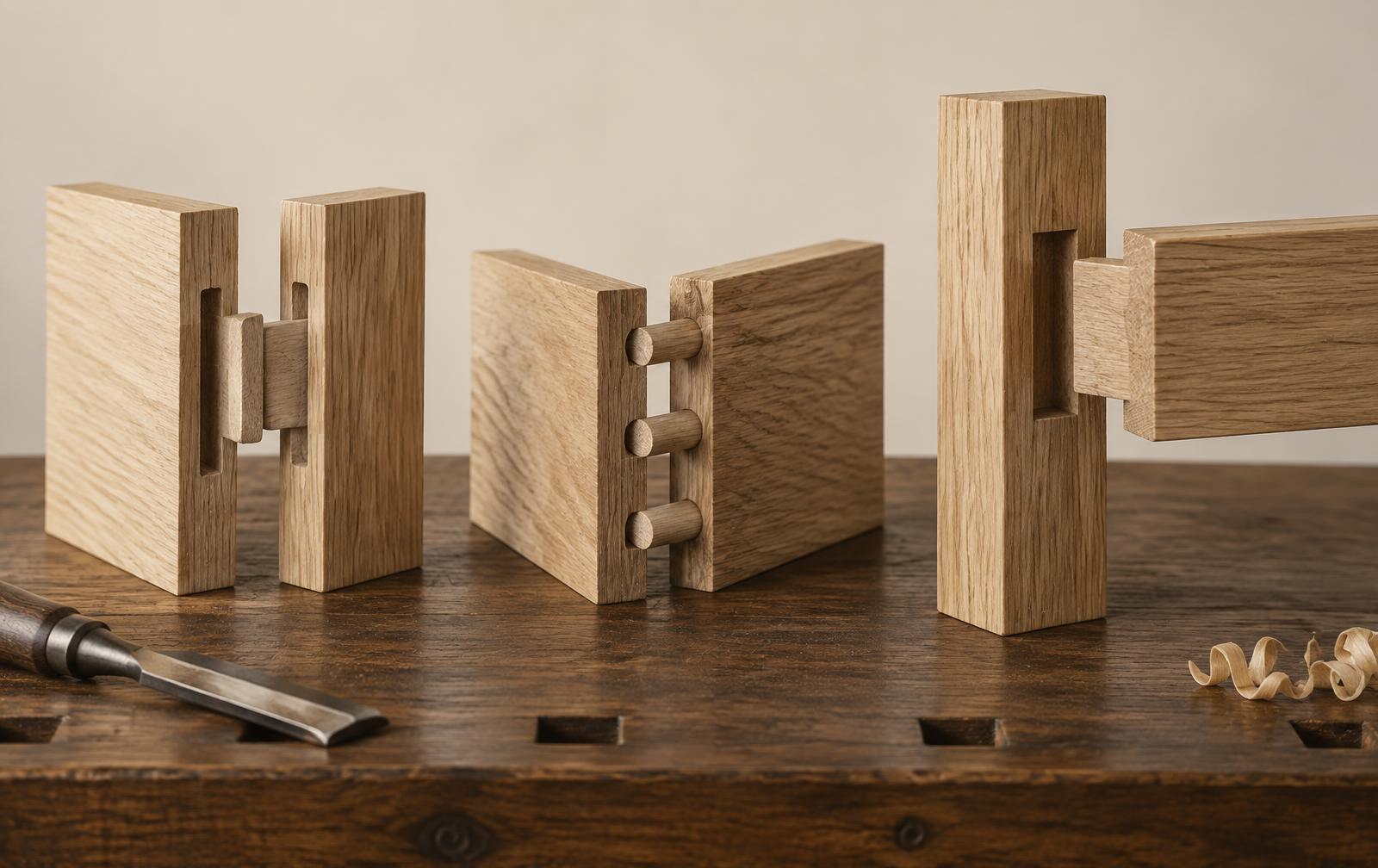 Three joinery samples side by side in white oak on a walnut workbench: a loose tenon joint, a three-dowel joint, and a traditional mortise and tenon