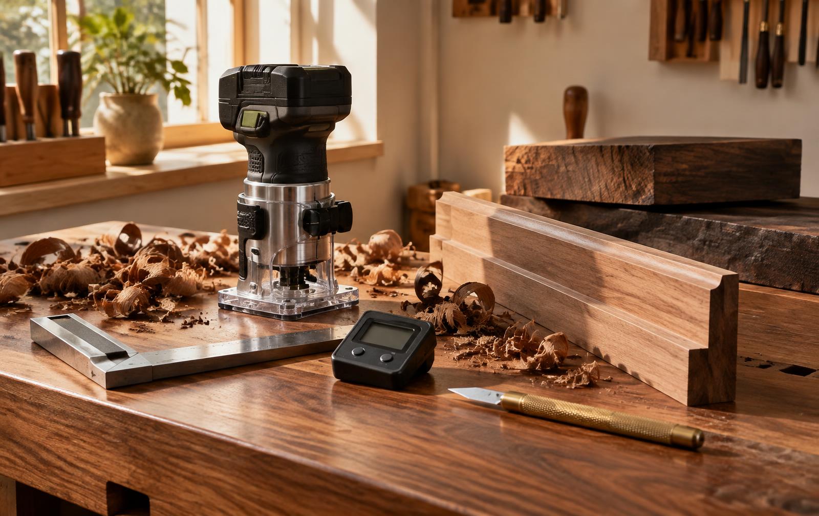 Cordless trim router, precision square, digital angle gauge and brass marking knife arranged on a walnut bench