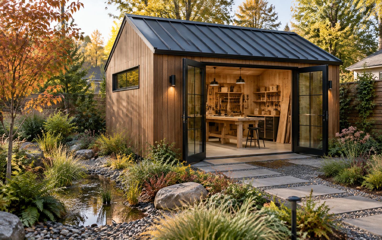 Contemporary thermally modified timber workshop shed with black metal roof and open glazed doors in a planted autumn garden