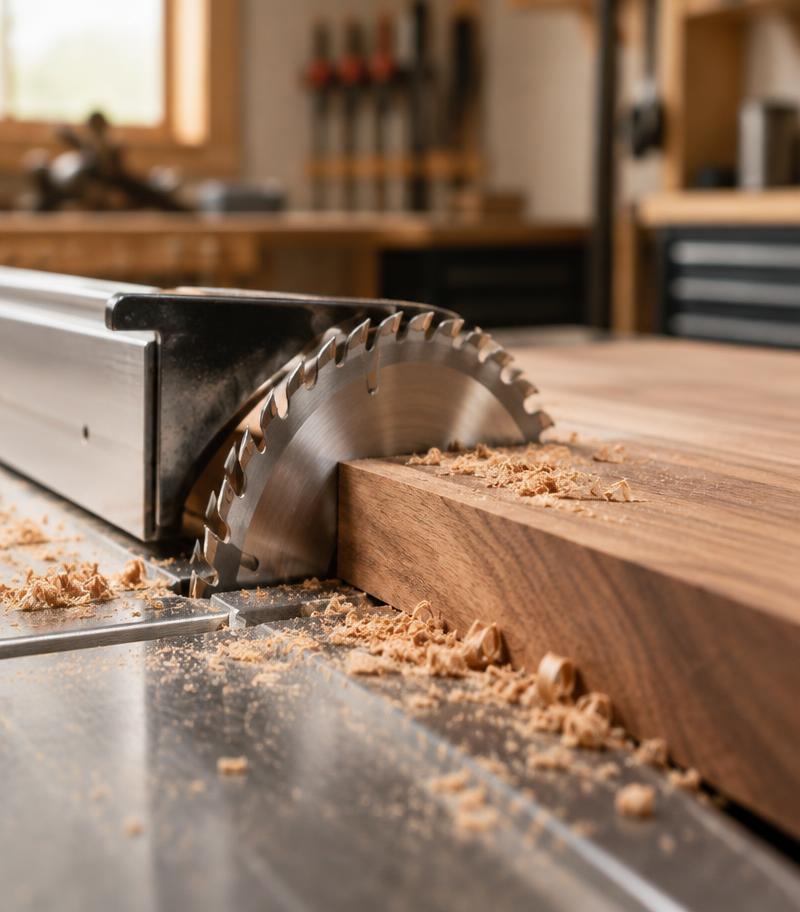 A table saw blade aligned beside a thick walnut board in a tidy professional workshop