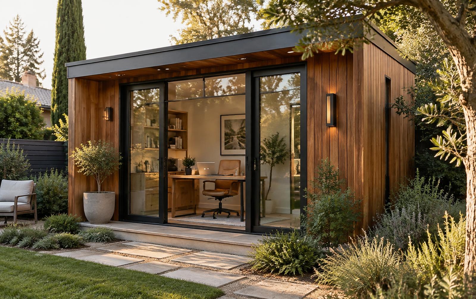 A cedar-clad backyard shed office with black-framed glass doors, a wooden desk and shelving visible inside, set in a planted garden at golden hour
