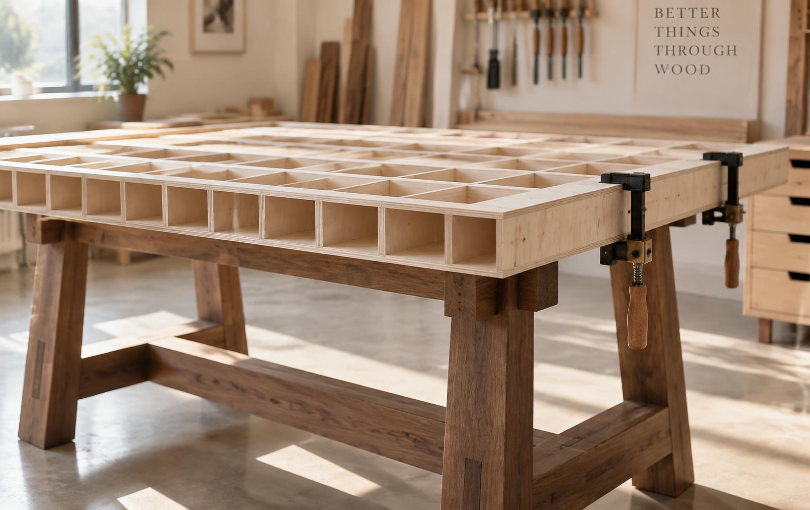 A torsion box workbench top made of pale birch plywood with a visible grid of internal ribs, clamped along one edge on a walnut trestle base in a bright workshop