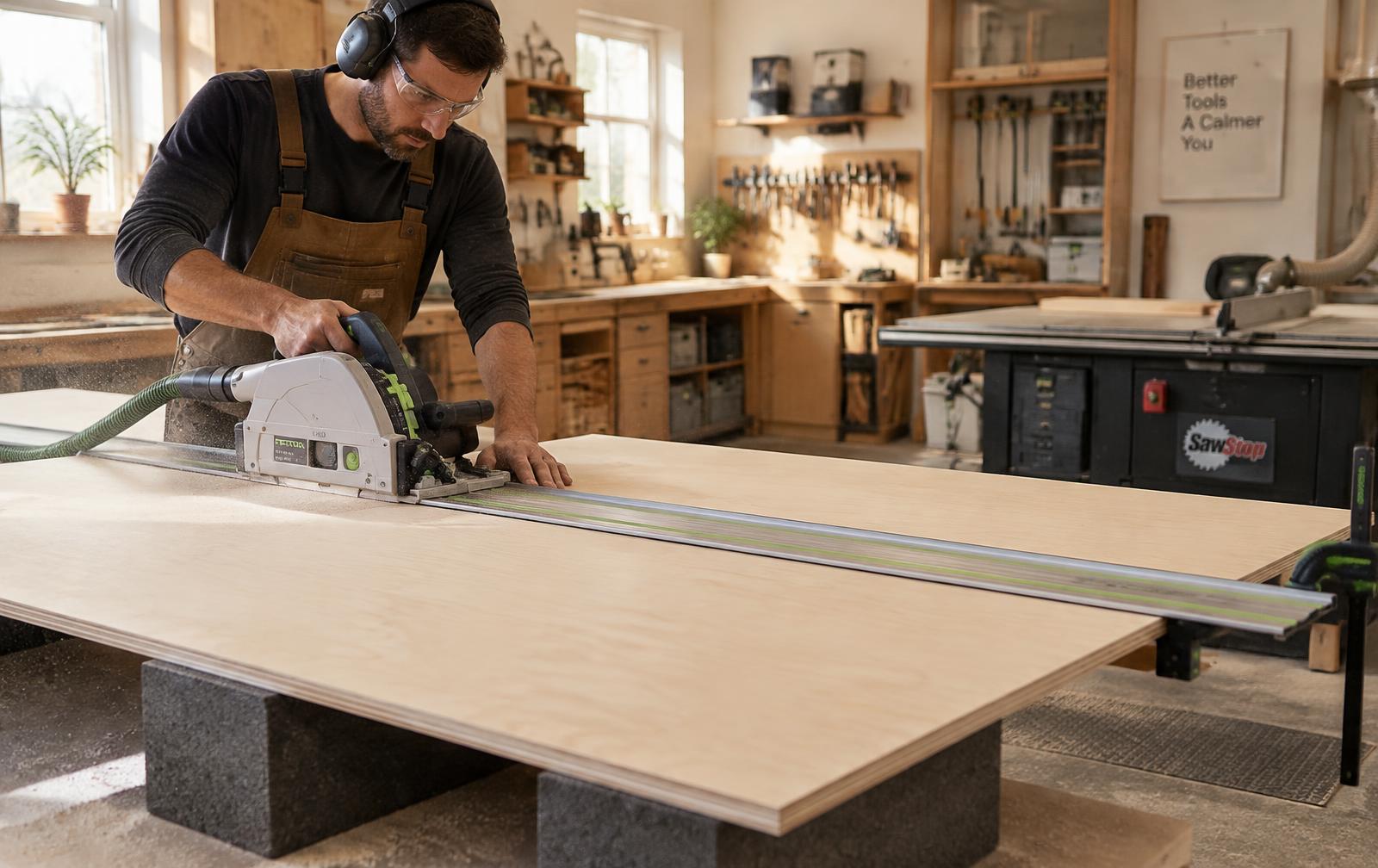 A woodworker in hearing protection cutting a large sheet of birch plywood with a track saw on a guide rail in a bright workshop
